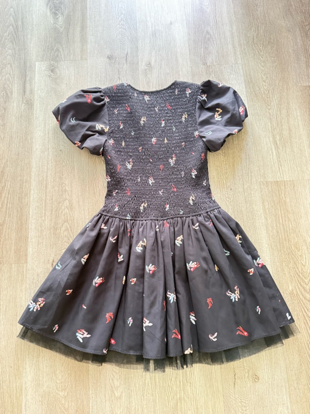 en saison head over heels black heels print smoked puff sleeve mini dress small - Picture 2 of 4